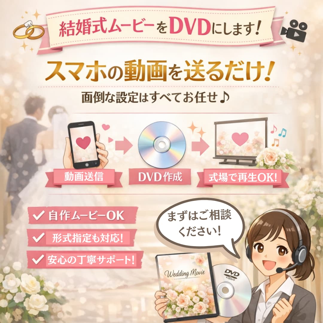結婚式のプロフィールムービーなどをDVDに焼きます 作成した結婚式ムービーを式場で再生可能なDVDにします。 イメージ1