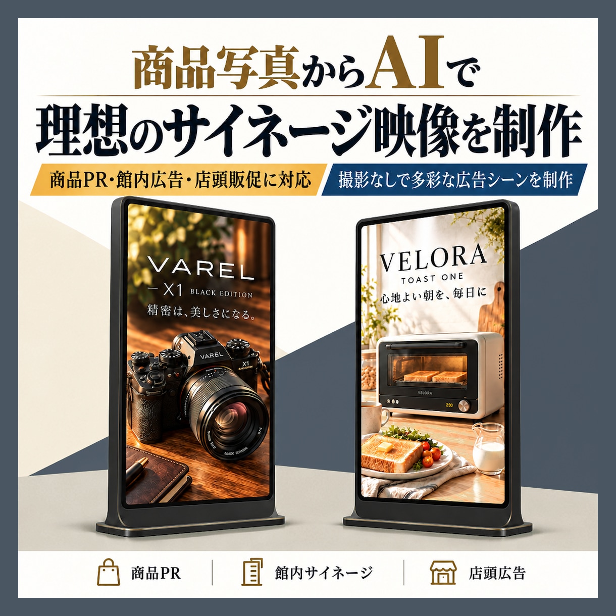 商品写真から理想のサイネージ映像を制作します 商品写真からAI生成で多彩な広告シーンを実現 イメージ1