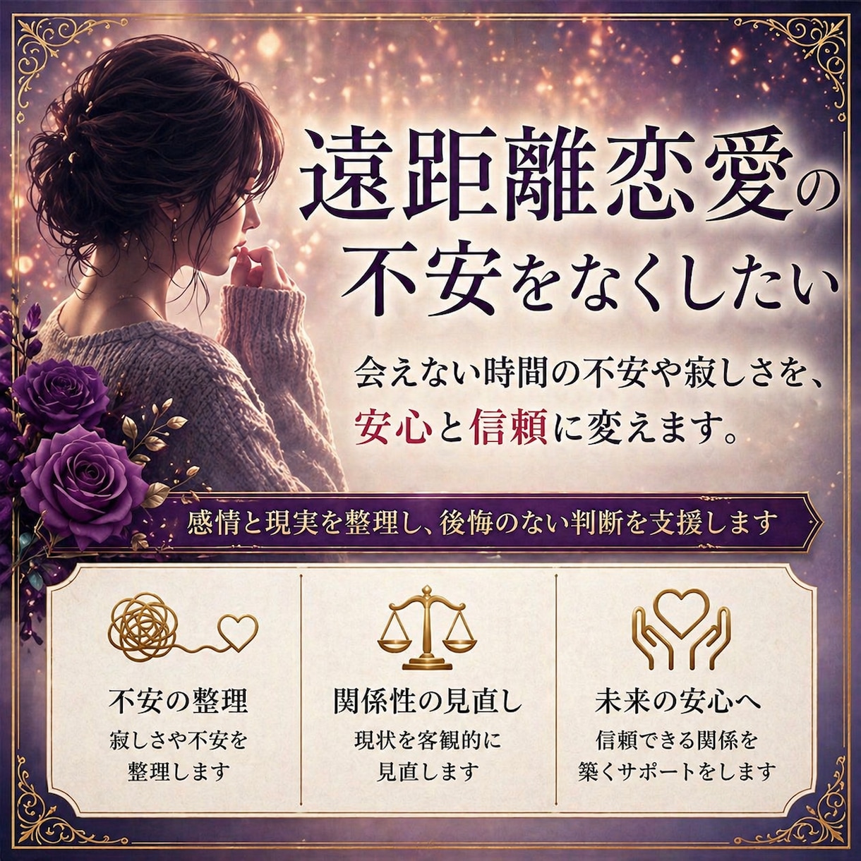 迷っているその恋愛に、後悔のない選択を導きます 別れと継続、どちらも後悔しない判断をサポートします。 イメージ4