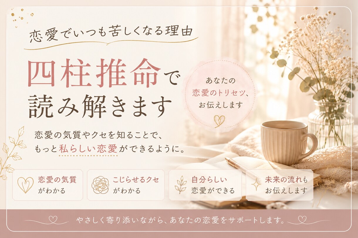 恋愛で苦しくなる理由を、四柱推命で読み解きます 自分を知ることで、恋愛をこじらせなくなる鑑定です。 イメージ1