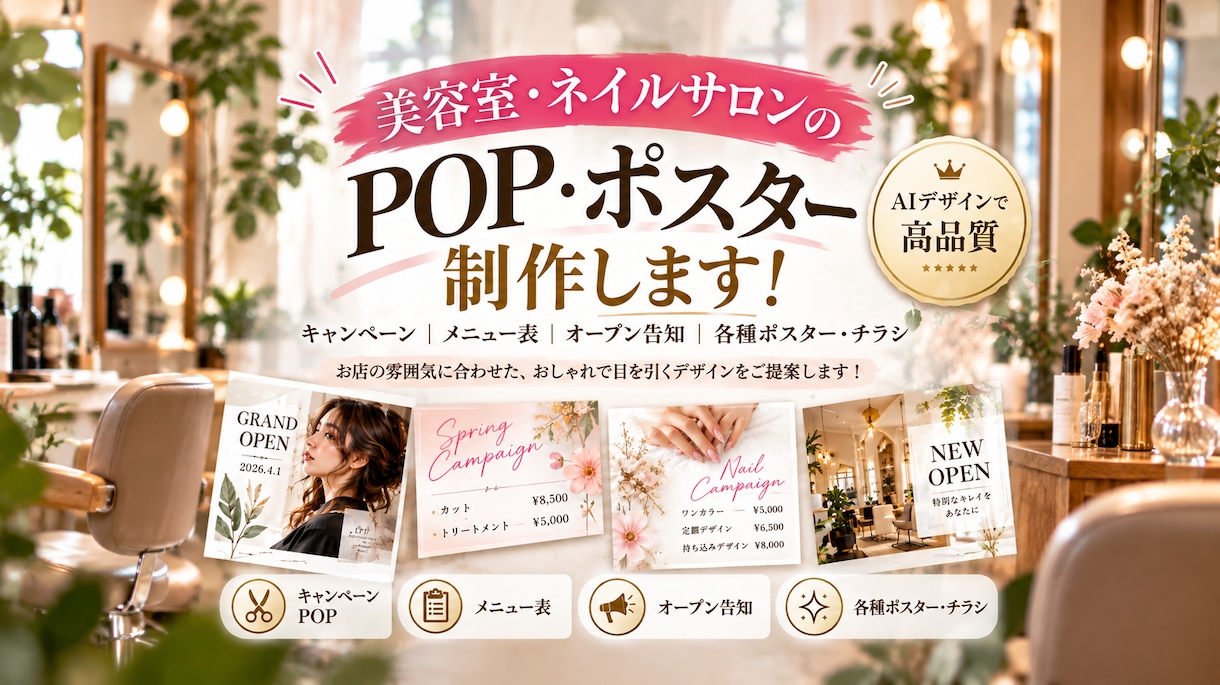美容室・ネイルサロンのPOPを制作します キャンペーン・料金表・メニュー告知に！おしゃれな販促デザイン イメージ1