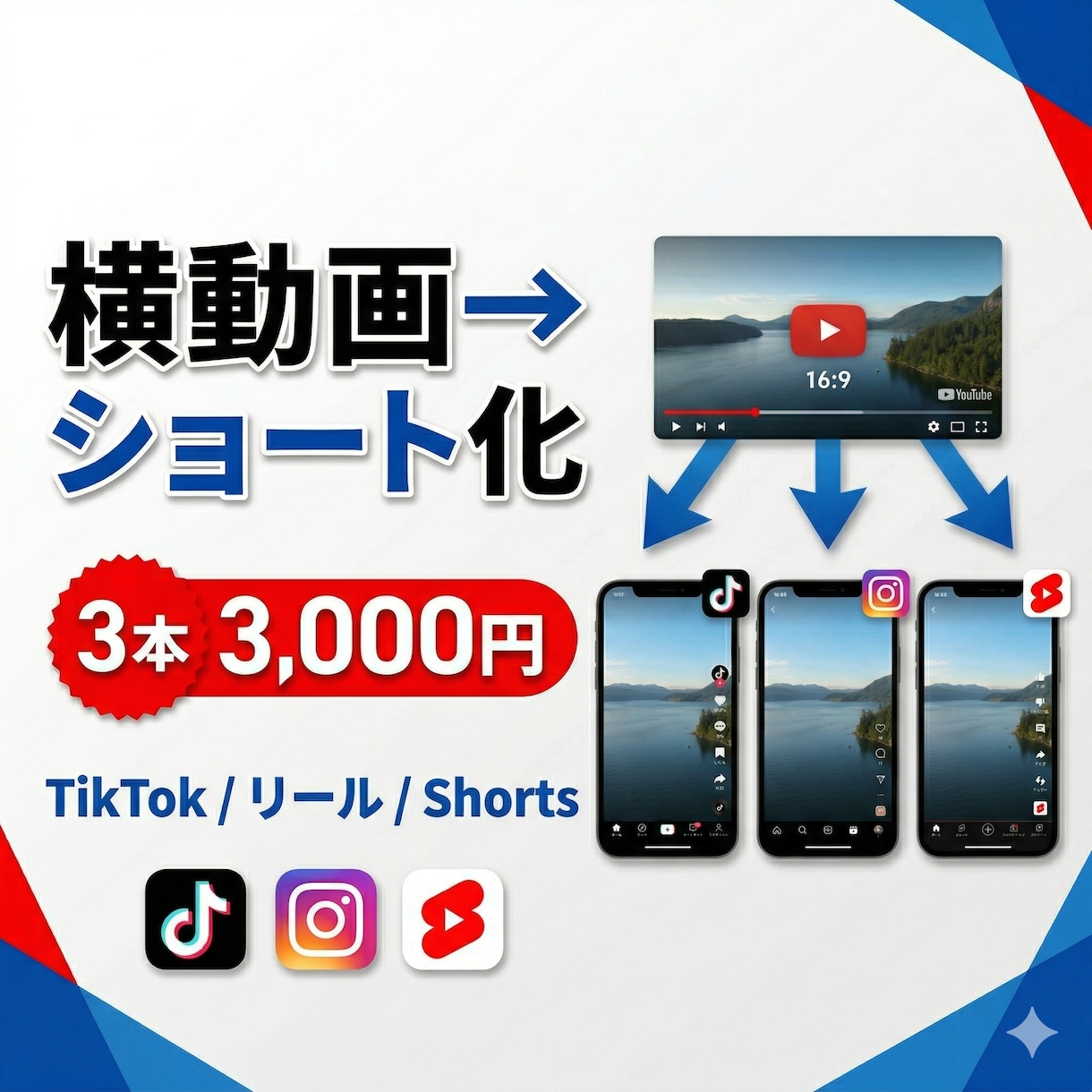 横動画を縦型ショートへ！3本まとめて再編集します YouTubeの資産をTikTok・Instagram動画へ イメージ1