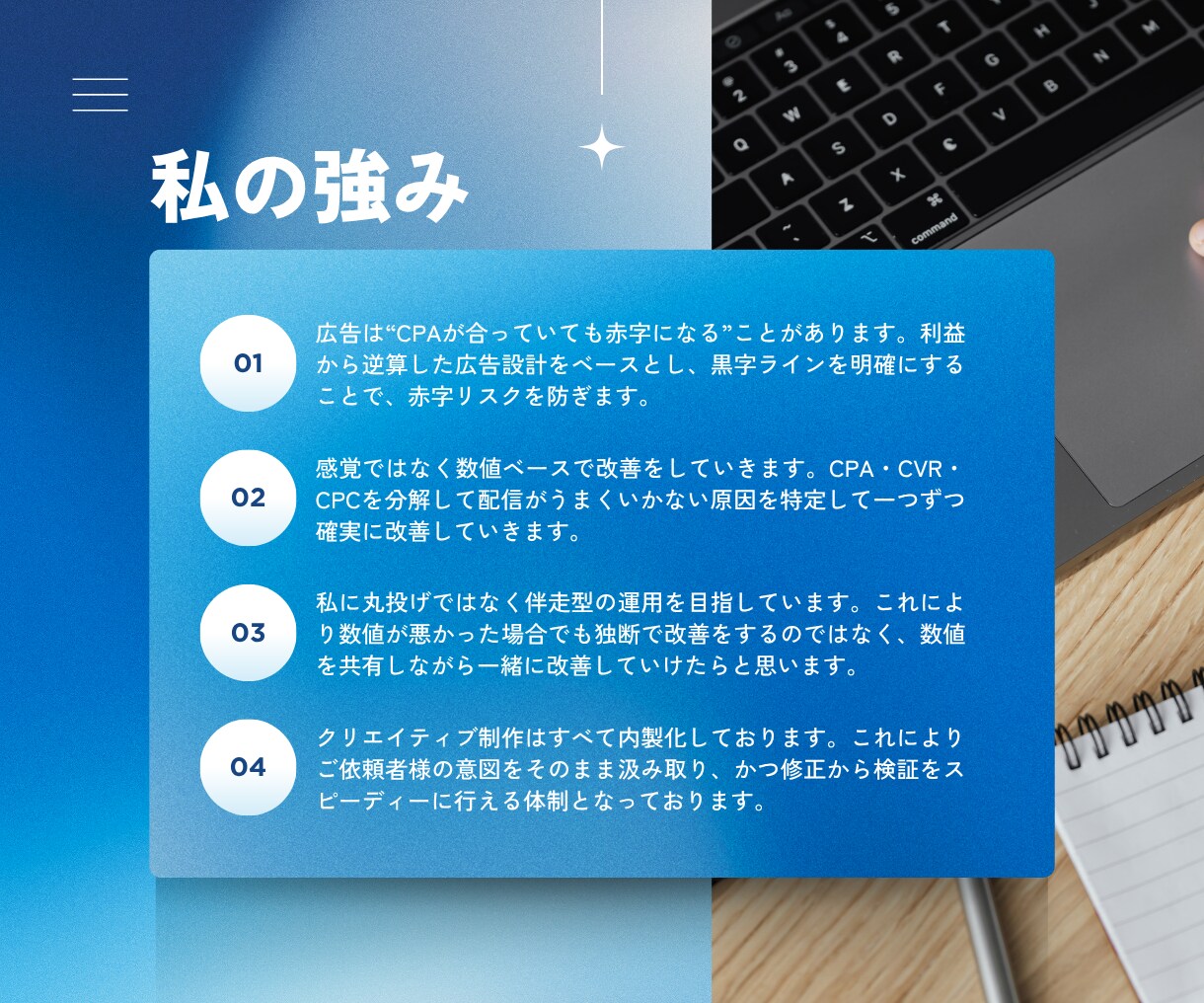 黒字設計のMeta広告運用で利益を最大化します 利益から逆算した広告設計で赤字リスクを防ぎます イメージ3