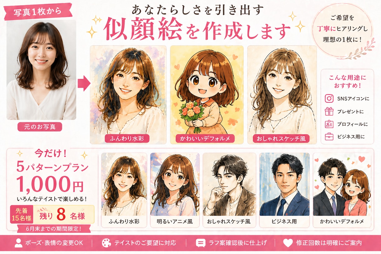 なっとくの似顔絵を、5パターン丁寧に作成します 盛り具合も雰囲気も、選べて納得！「美人過ぎず」にも対応します イメージ1