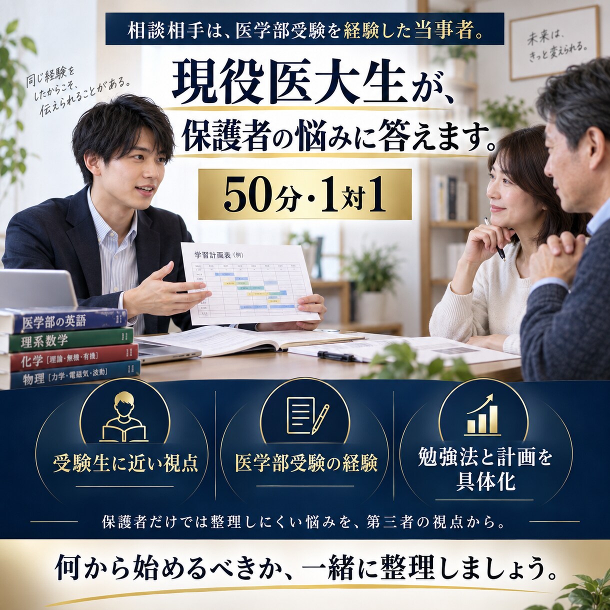 受験生の親御さん対象で無料相談承ります お子さんの医学部医学科・難関大受験、一人で抱えていませんか? イメージ2