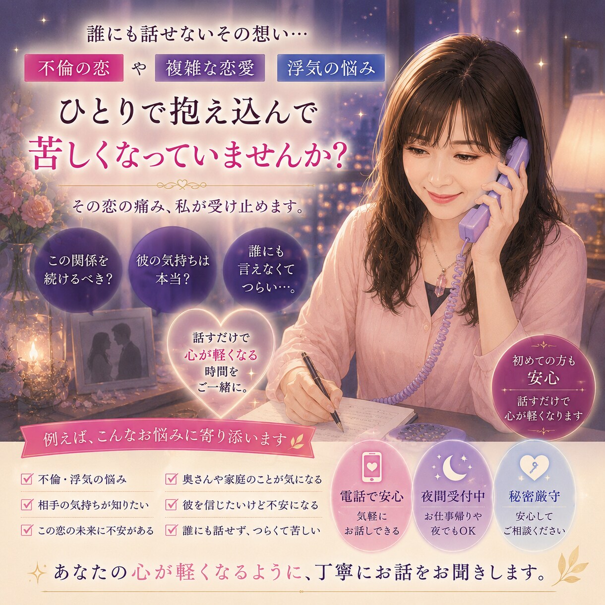 相手の気持ちがわからない複雑恋愛のお悩みを伺います 誰にも話せない恋だからこそ安心して話せる秘密の相談先 イメージ1