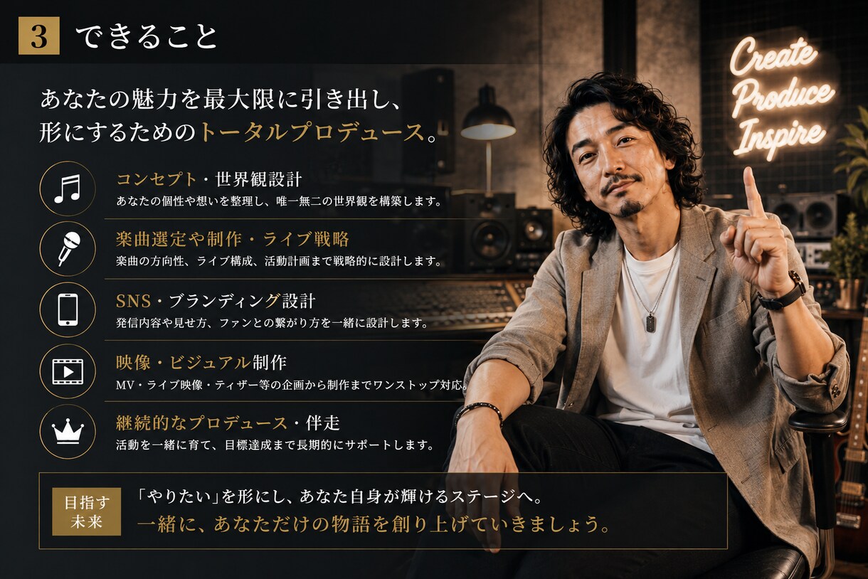 音楽活動の悩み・方向性をプロ目線で整理します あなたの「やりたい」を整理し、一緒に形にします イメージ3