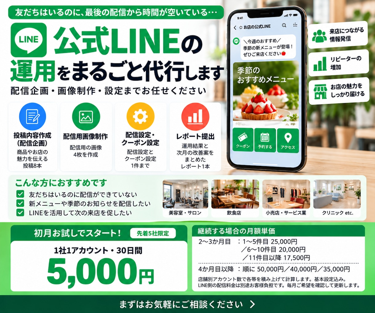 初月お試しで公式LINE運用を代行します 先着5社｜初月5,000円で月4回の配信と画像制作 イメージ1