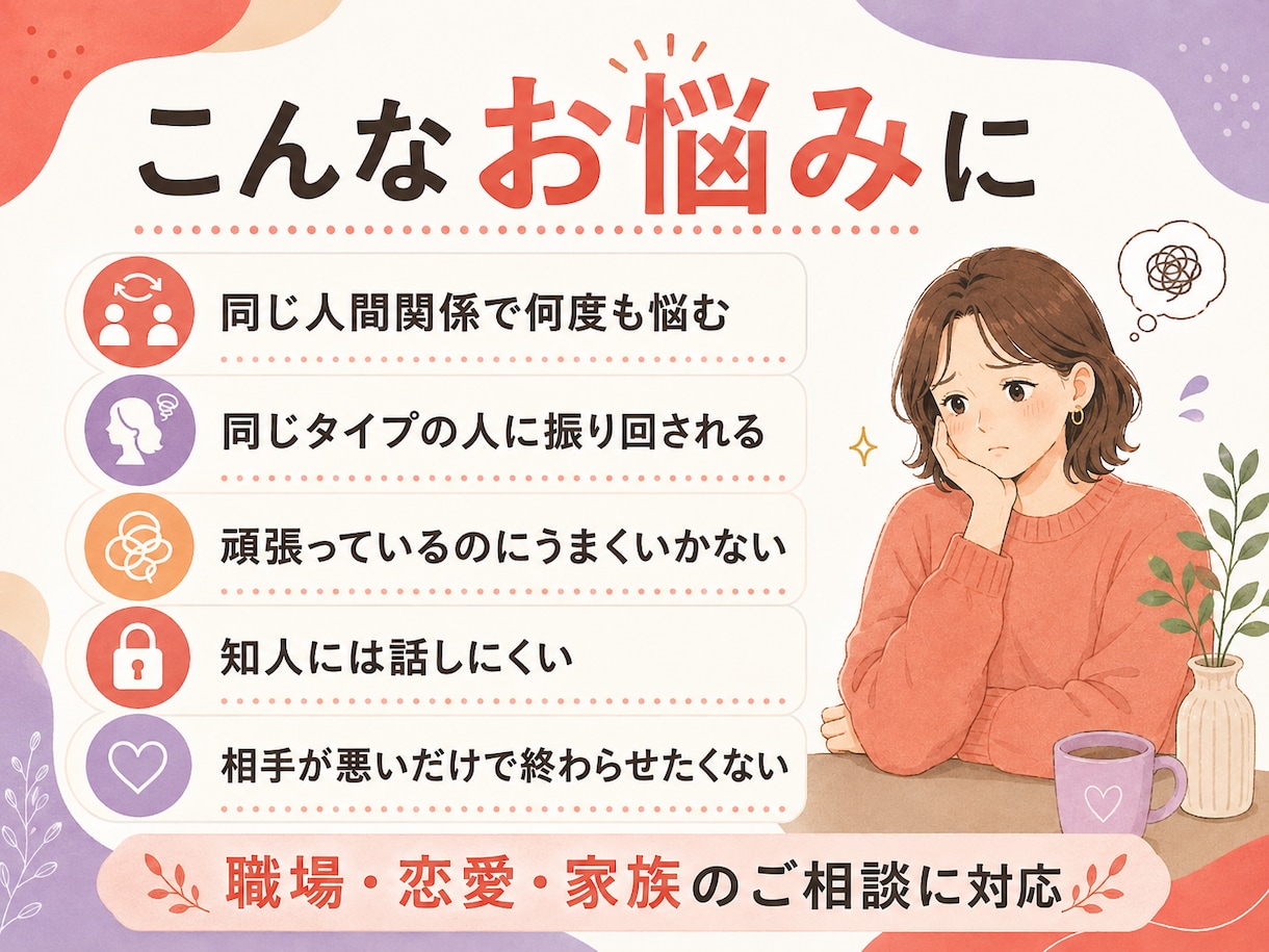 繰り返す人間関係のパターン、整理します 「なぜか同じことを繰り返す」一緒に整理します イメージ2
