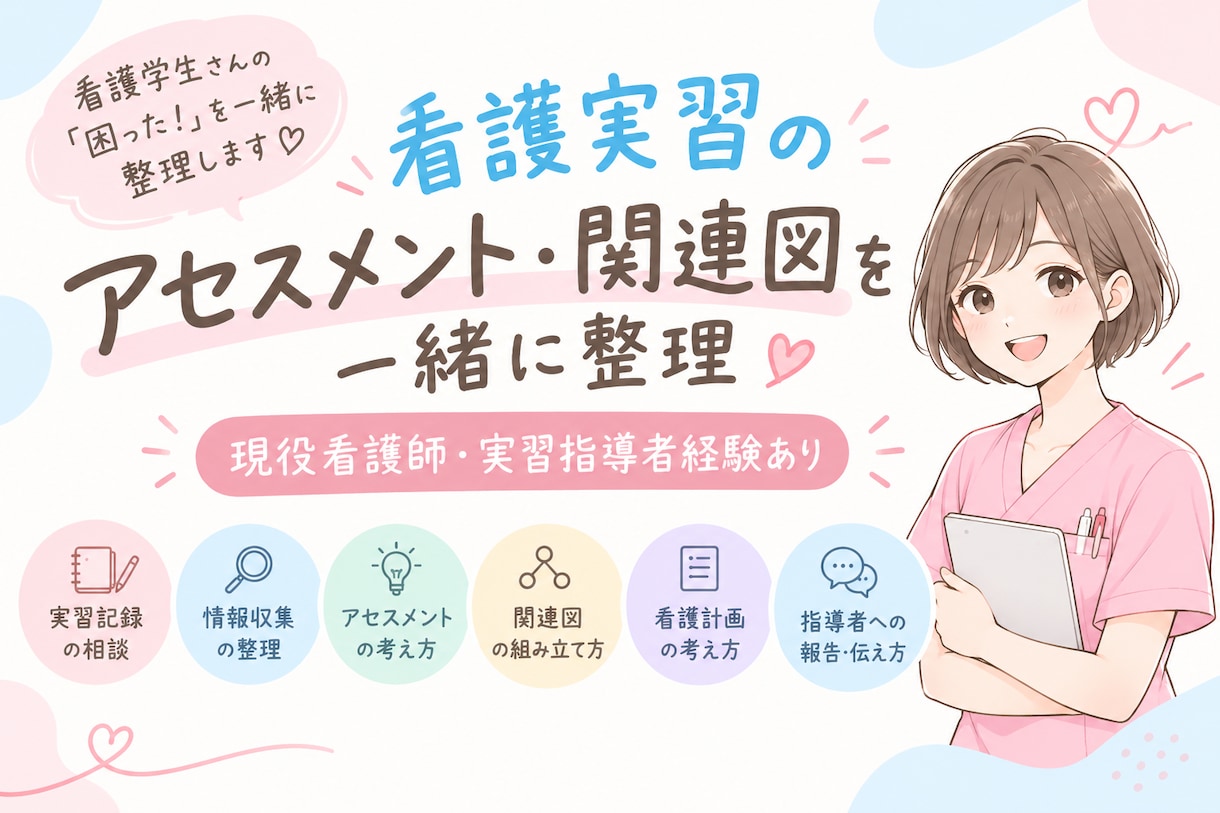 看護実習の記録・アセスメントを一緒に整理します 現役看護師・元実習指導者が、看護問題・看護計画・記録まで対応 イメージ1