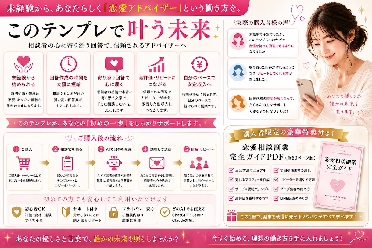 相談を貼るだけ。恋愛相談の回答が作れます 相談文を貼るだけ。恋愛相談の回答を自動生成するAIプロンプト イメージ7