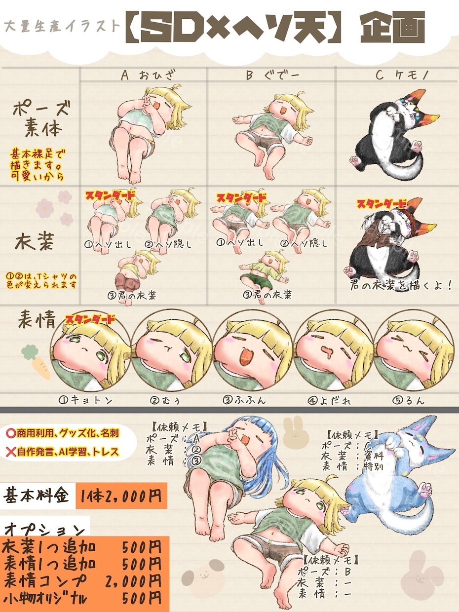 ミニキャラ大量生産イラスト描きます 【ＳＤ×ヘソ天】企画。ゴロンとした姿の君やペットを描くよ！ イメージ2