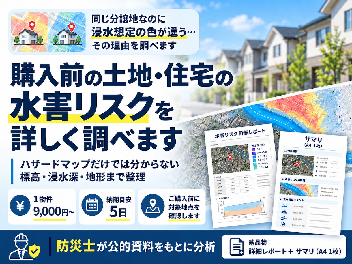 購入前の土地・住宅の水害リスクを調べます 防災士が浸水深・標高・地形まで詳しく分析 イメージ1