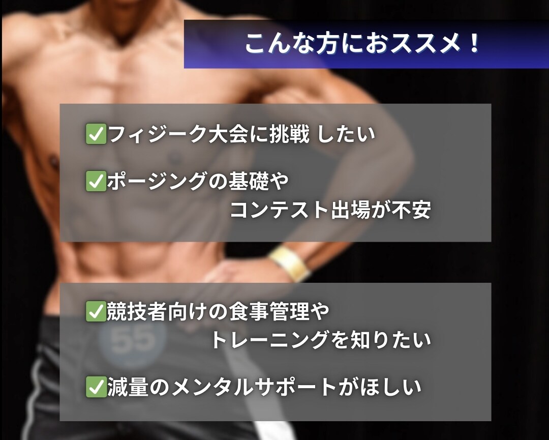 3ヶ月　フィジークコンテスト挑戦をサポートします コンテスト成功に必要な食事•トレーニングなどトータルサポート イメージ2