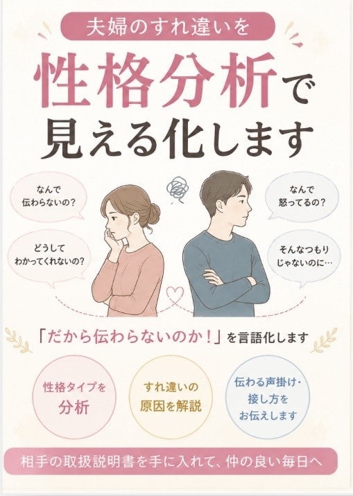 お相手とのすれ違いを性格分析で見える化します だからなのかを言語化。本音や伝わる接し方をお伝えします。 イメージ1