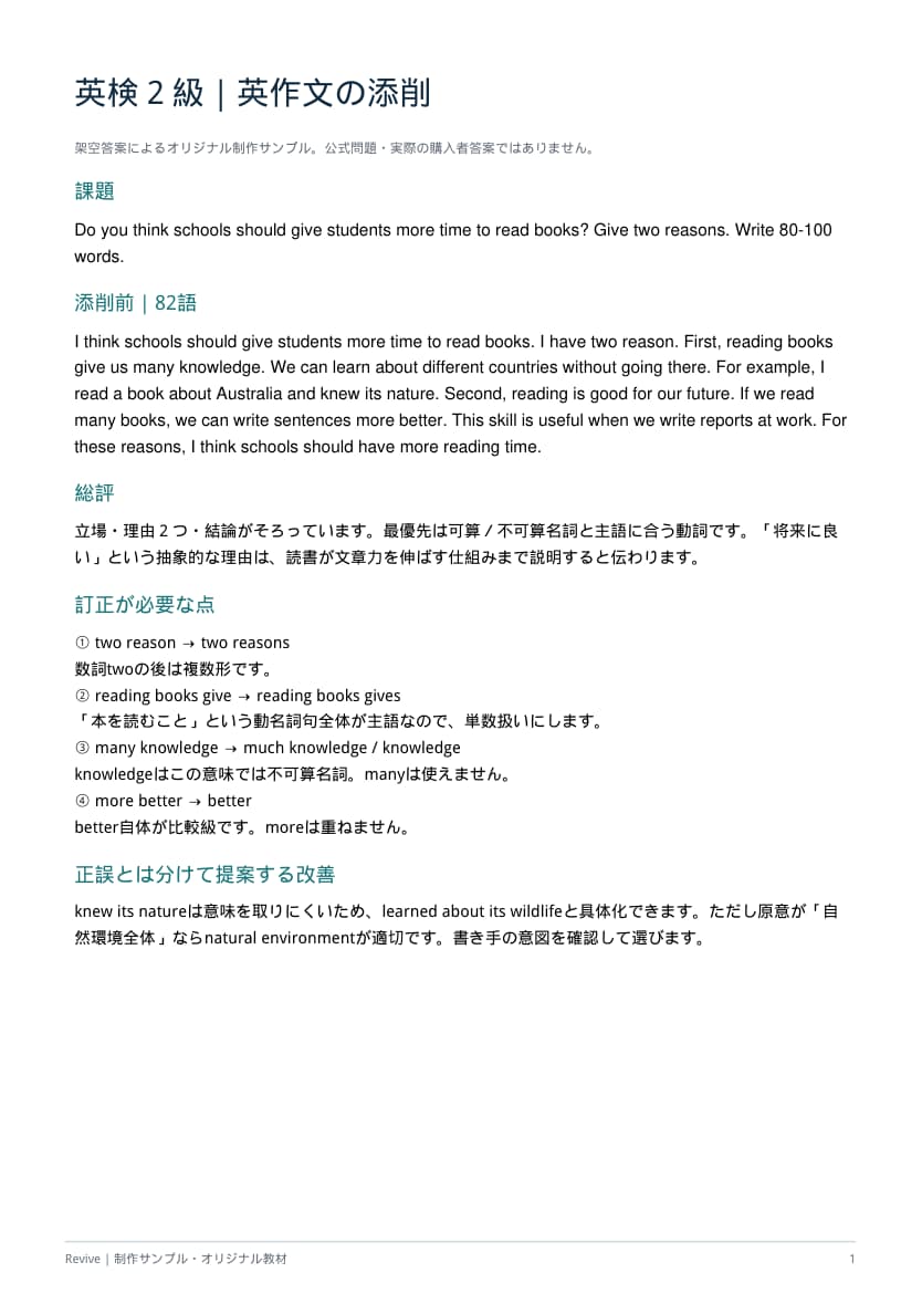 英検２級・準１級の英作文と要約を添削します 誤りの理由と改善例まで。１答案・再添削１回付き イメージ2