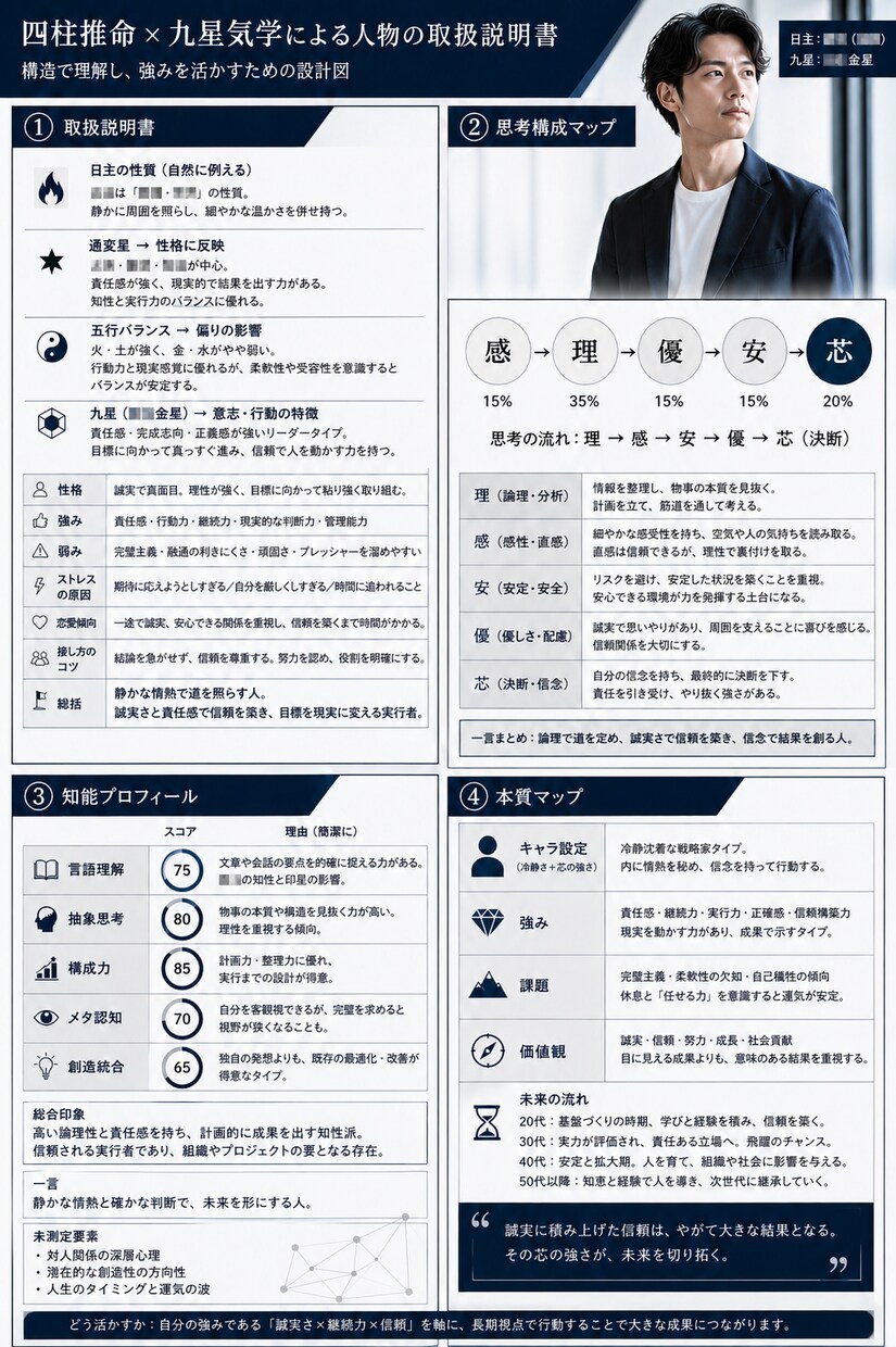 四柱推命×九星であなたの取扱説明書作ります あなたの性格・思考・本質を“見える化”する鑑定書です。 イメージ4