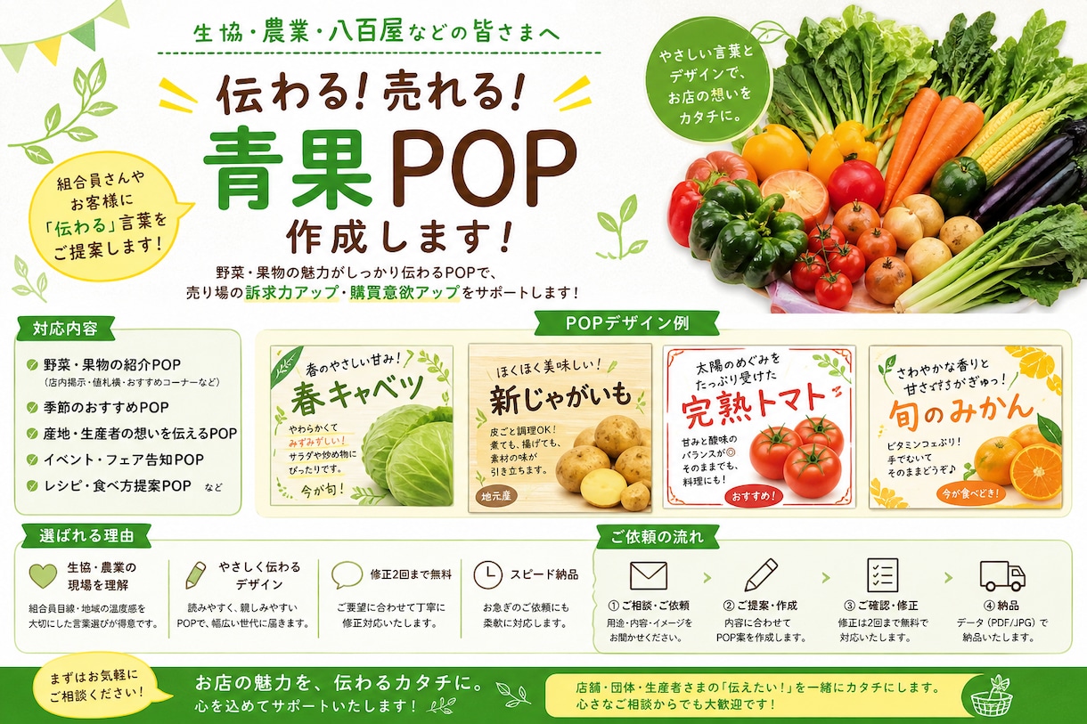伝わる・売れる青果POP作成しますます 生協・農家・店舗POPやさしい言葉で売り場の魅力を伝えます イメージ1