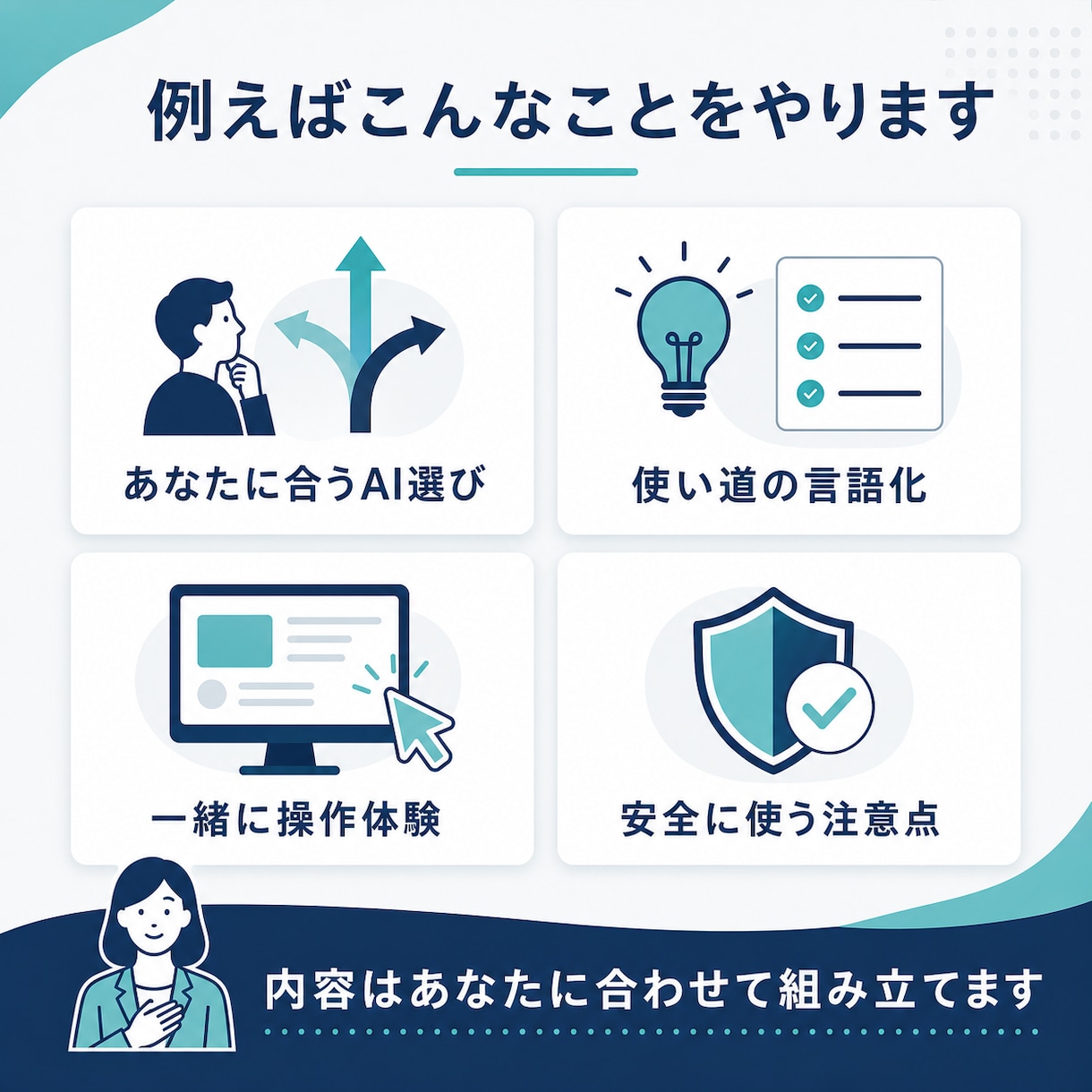 500時間以上のAI知見で最初の一歩を支援します 主要3社500時間以上の実体験で、AI選びから使い道まで イメージ3