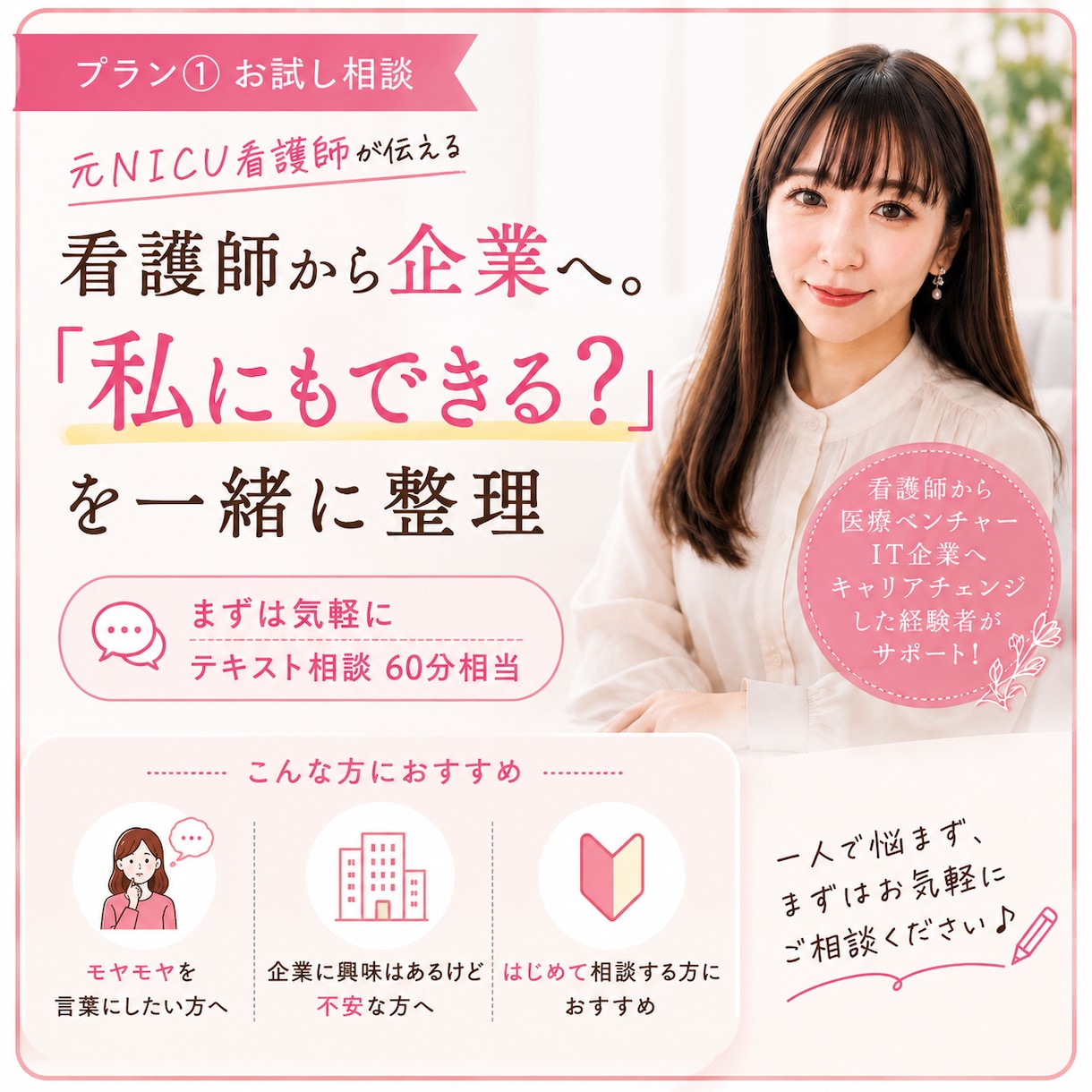 元看護師が、企業への迷いをテキストで整理します 「企業で何がしたいか分からない」を、まず言葉にしてみませんか イメージ1