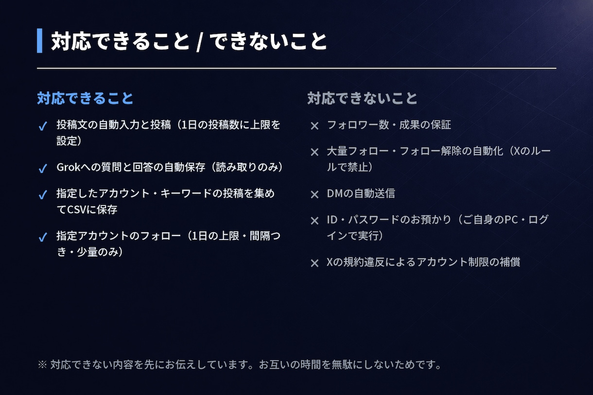 Xの投稿やGrok質問を、自動化します 投稿・フォロー・情報収集をまとめて自動化 イメージ2