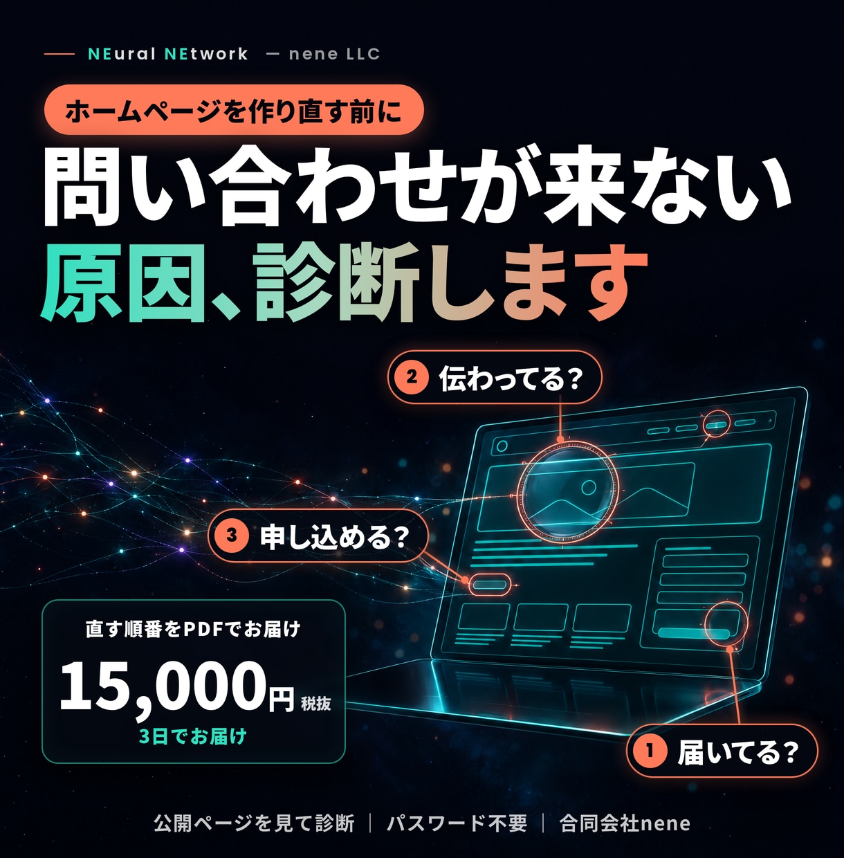 問い合わせが来ないサイトの原因を診断します 「届く・伝わる・申し込める」を確かめ、直す順番をお渡し イメージ1
