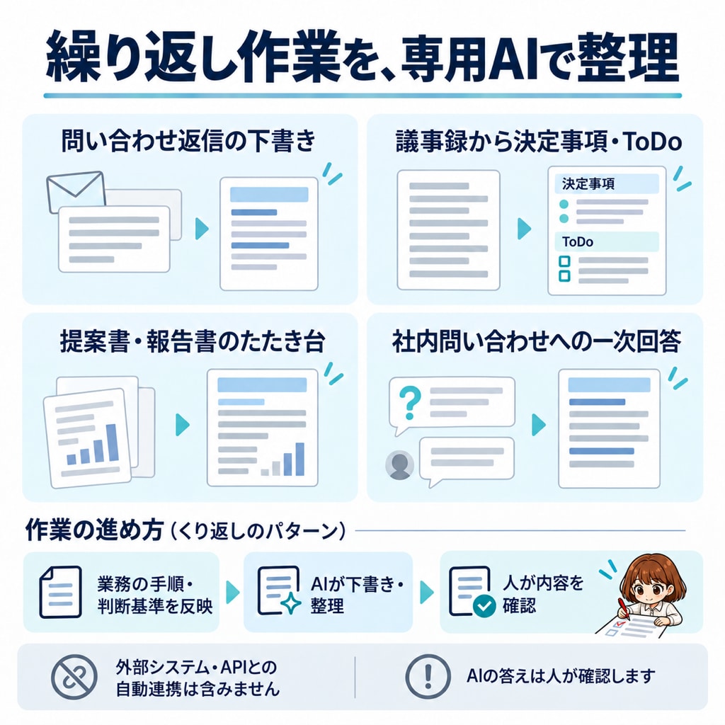 毎回の指示がいらなくなる、業務専用AIを作ります 毎回の指示が減り、誰が使っても品質がそろいやすく｜初心者OK イメージ3