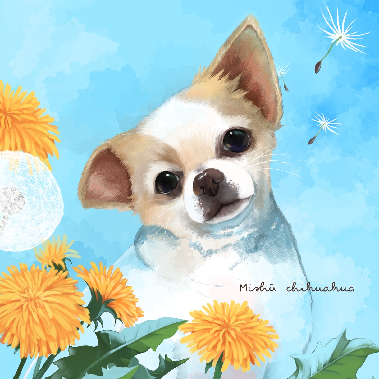 ペットの似顔絵をキャンバスに印刷してお届けします 背景に花などお好きなものを添えてお描きします！ イメージ5