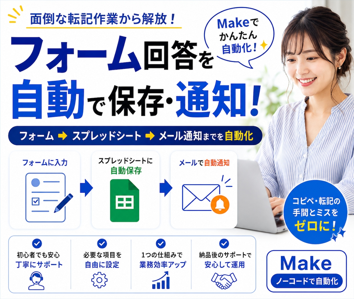 フォーム回答をスプレッドシートへ自動保存します 入力→保存→通知まで、面倒な転記作業を自動化 イメージ1