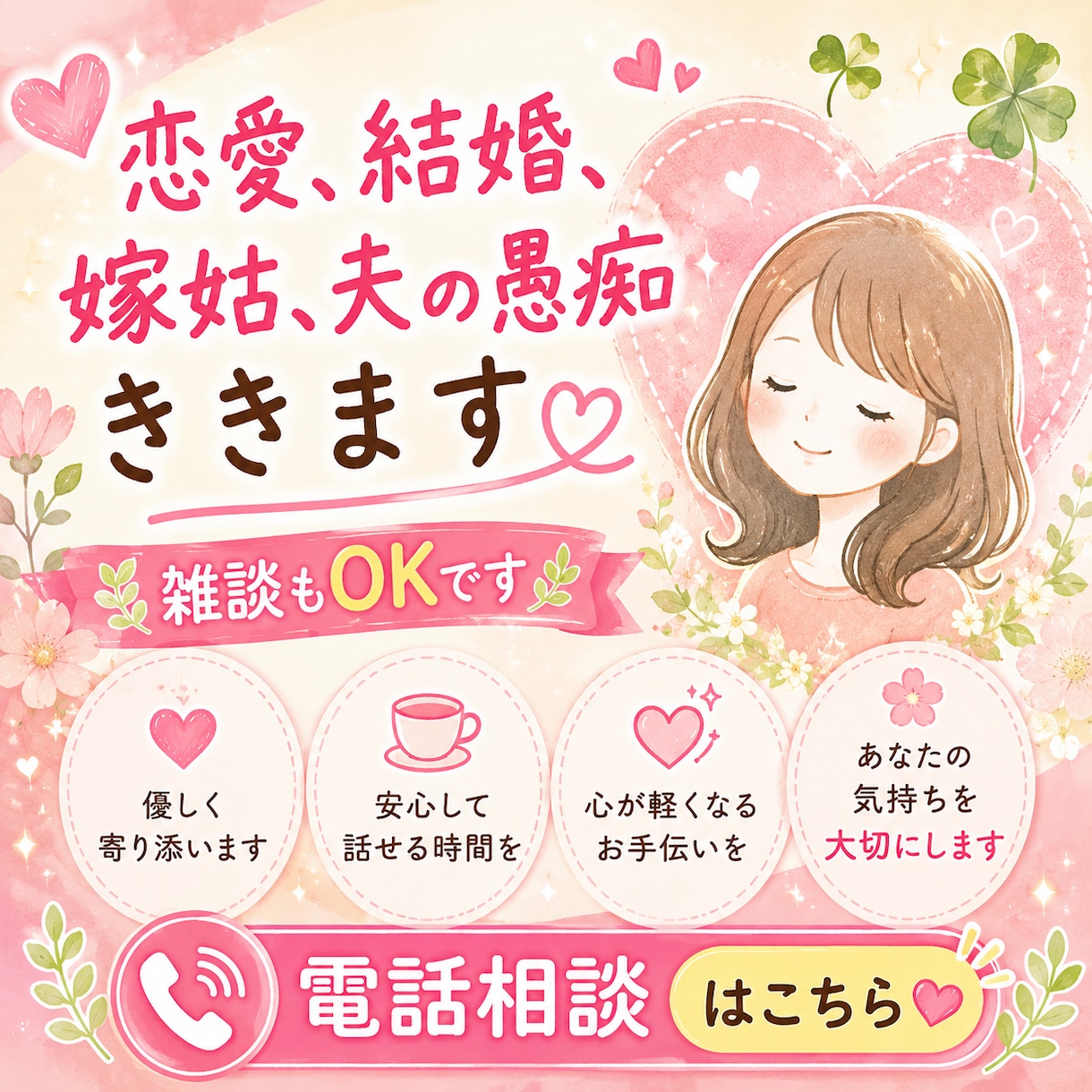 恋愛・結婚・嫁姑の悩み・愚痴にしっかり傾聴します 知らない関係だからこそ話せること。どんどん話してください。 イメージ1