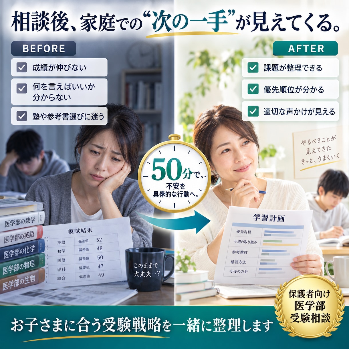 受験生の親御さん対象で無料相談承ります お子さんの医学部医学科・難関大受験、一人で抱えていませんか? イメージ1