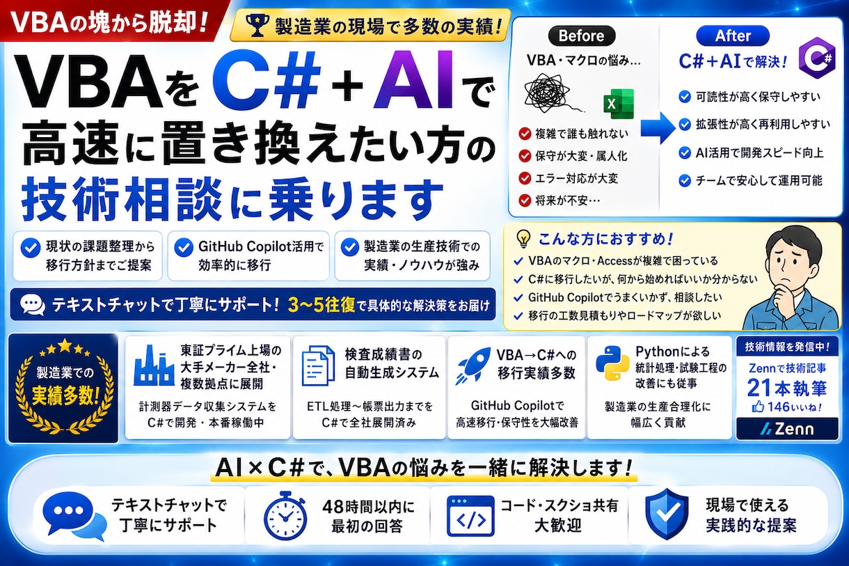 VBAをC#＋AIで置き換える技術相談に乗ります 【現役エンジニアが多数の実績を元に解決策をサポート】 イメージ1