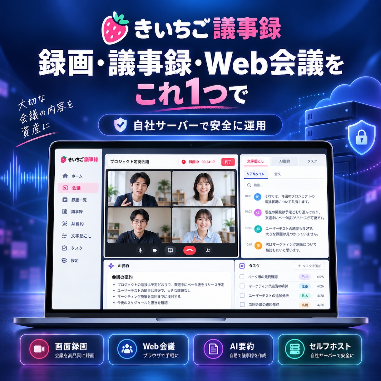 AI議事録・Web会議を自社サーバーに構築します 録画・会議・文字起こしを自社サーバーで一括運用 イメージ1