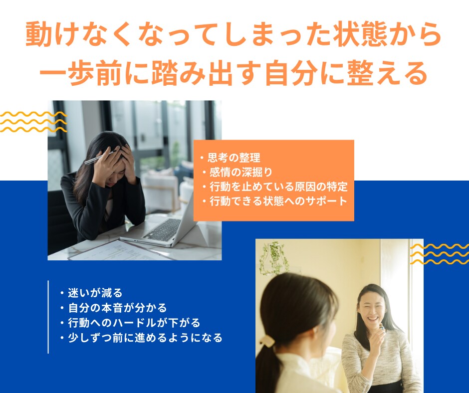 頑張りたいのに動けない→行動できる自分に整えます 動けなくなってしまった状態から、一歩前に踏み出す自分に整える イメージ2