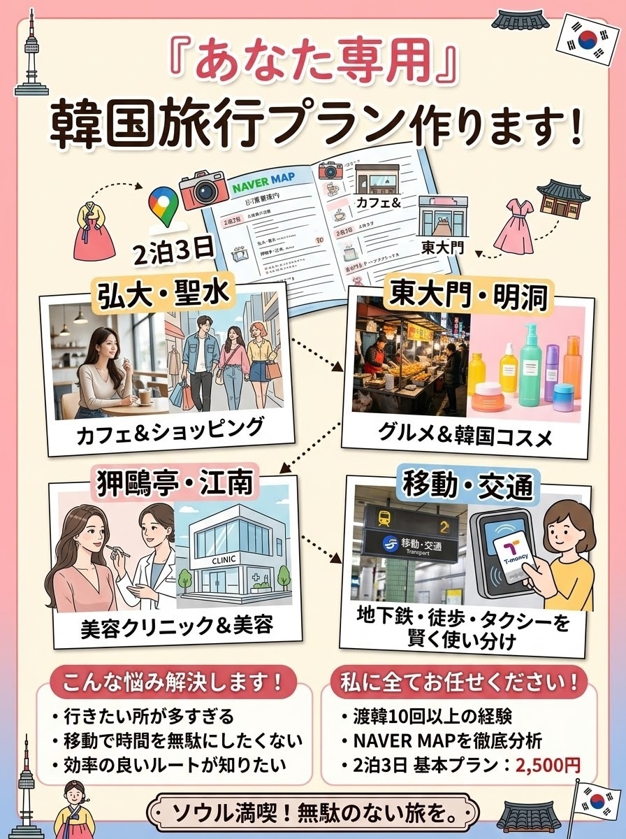 ソウル、行きたい場所を全部入れて無駄なく回れます 在日韓国人×韓国語堪能！無駄なく巡るソウル旅プラン。 イメージ1