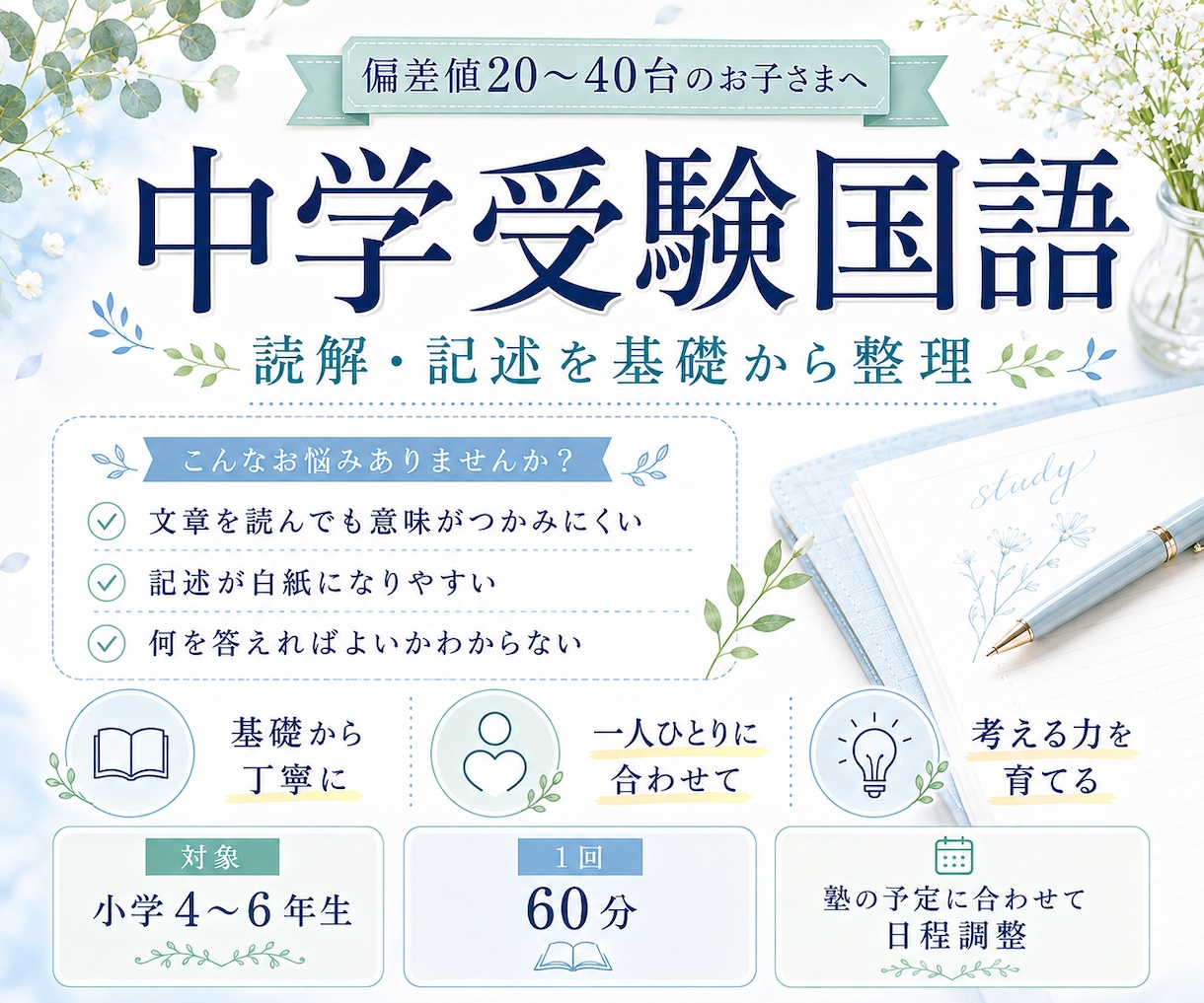 中学受験国語｜偏差値20〜40台を伸ばします 読解・記述・文法を基礎から整理します イメージ1