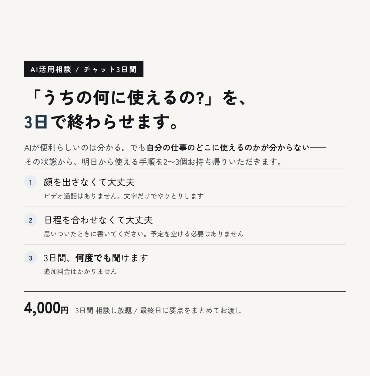 AIの使い方、3日間チャットでお答えします 顔出しも日程調整も不要。3日間、何度でも聞けます イメージ1