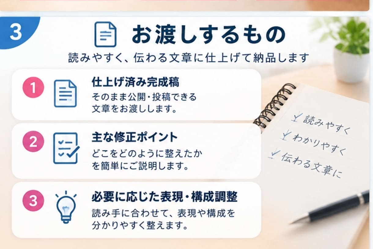 下書きをそのまま公開できる文章まで仕上げます 伝えたい内容はそのまま、読みやすい完成稿に整えます イメージ3