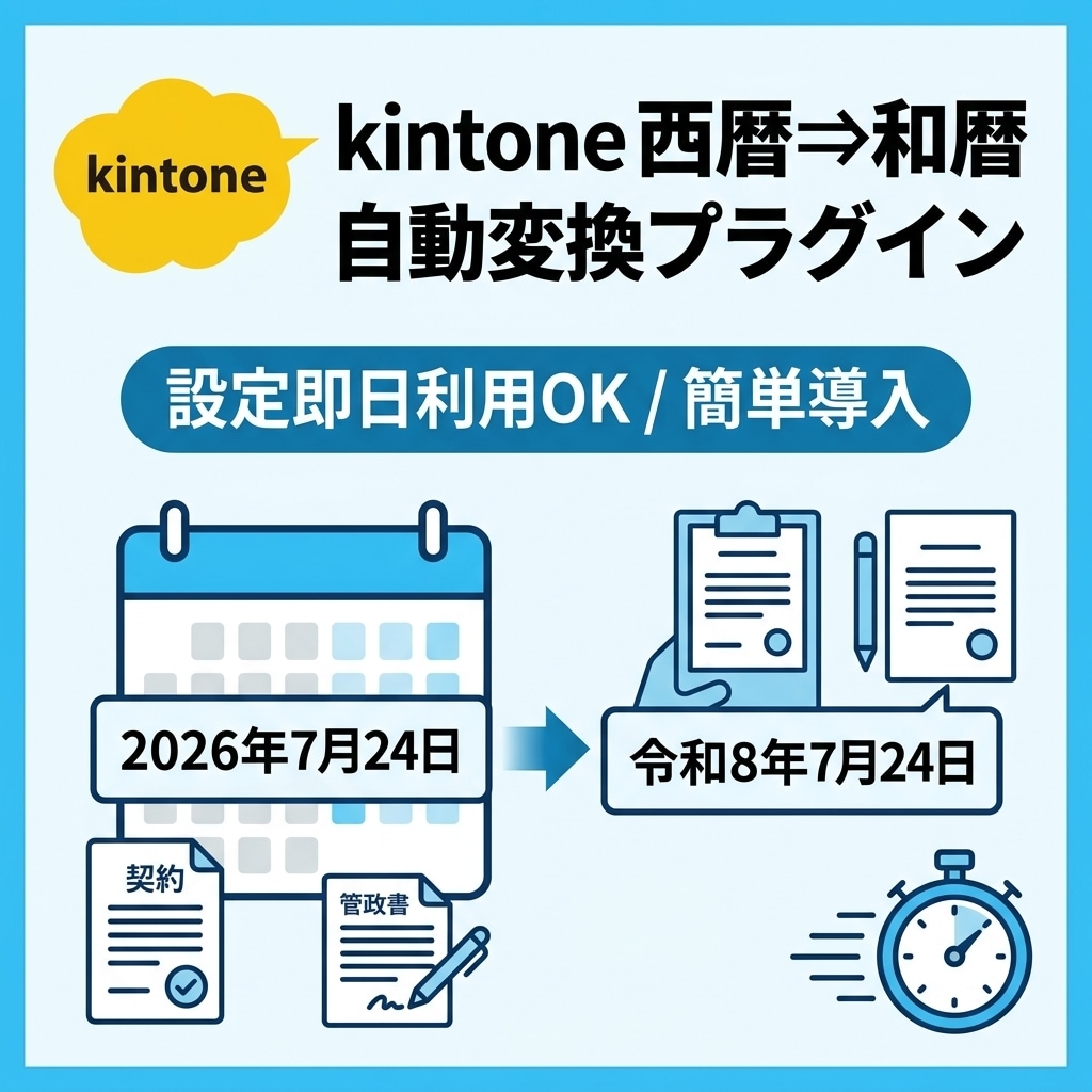 kintone西暦を和暦に変換プラグイン即納します 契約書や行政書類、kintoneの日付を令和・平成へ自動変換 イメージ1
