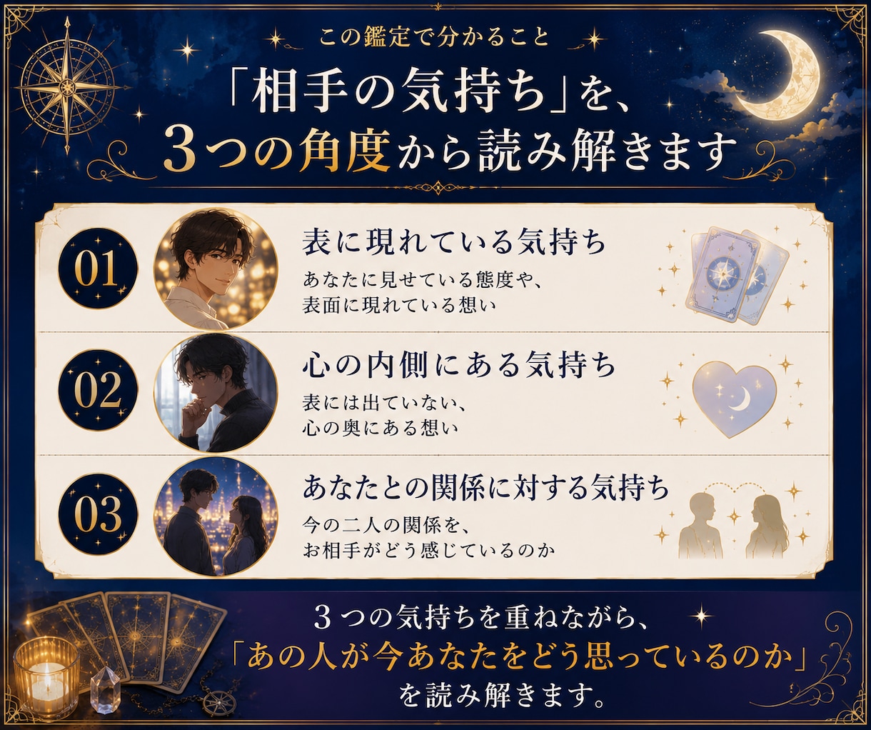 今どう思ってる？相手の気持ちを占います 表面・本音・今の気持ちをタロット3枚で丁寧に読みます イメージ3