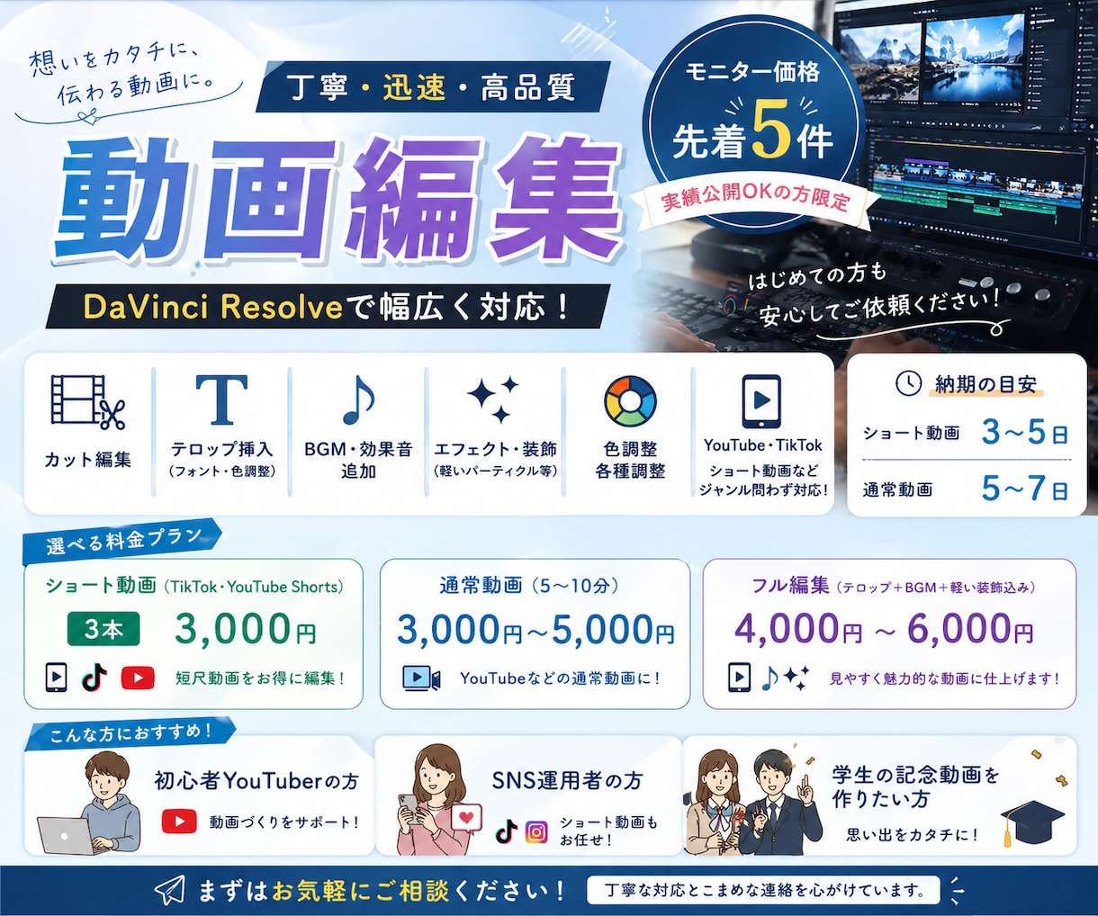 ショート3本3000円から丁寧に行います 要望に合わせて低価格設定・初心者向け編集 イメージ1