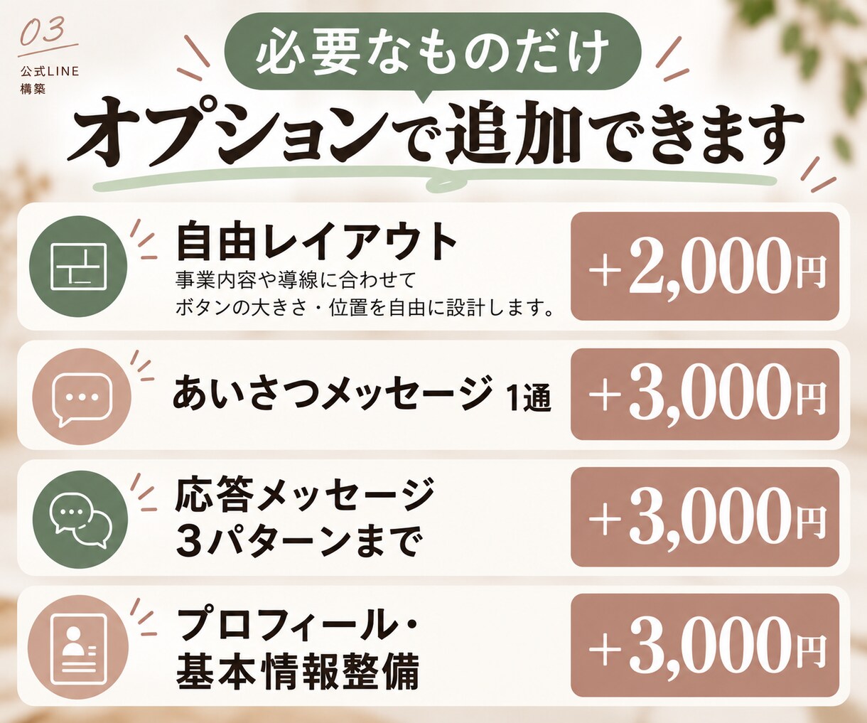 必要なところだけ選べる公式LINE構築をします 全部はいらない方へ。必要な設定・制作だけお任せ イメージ3