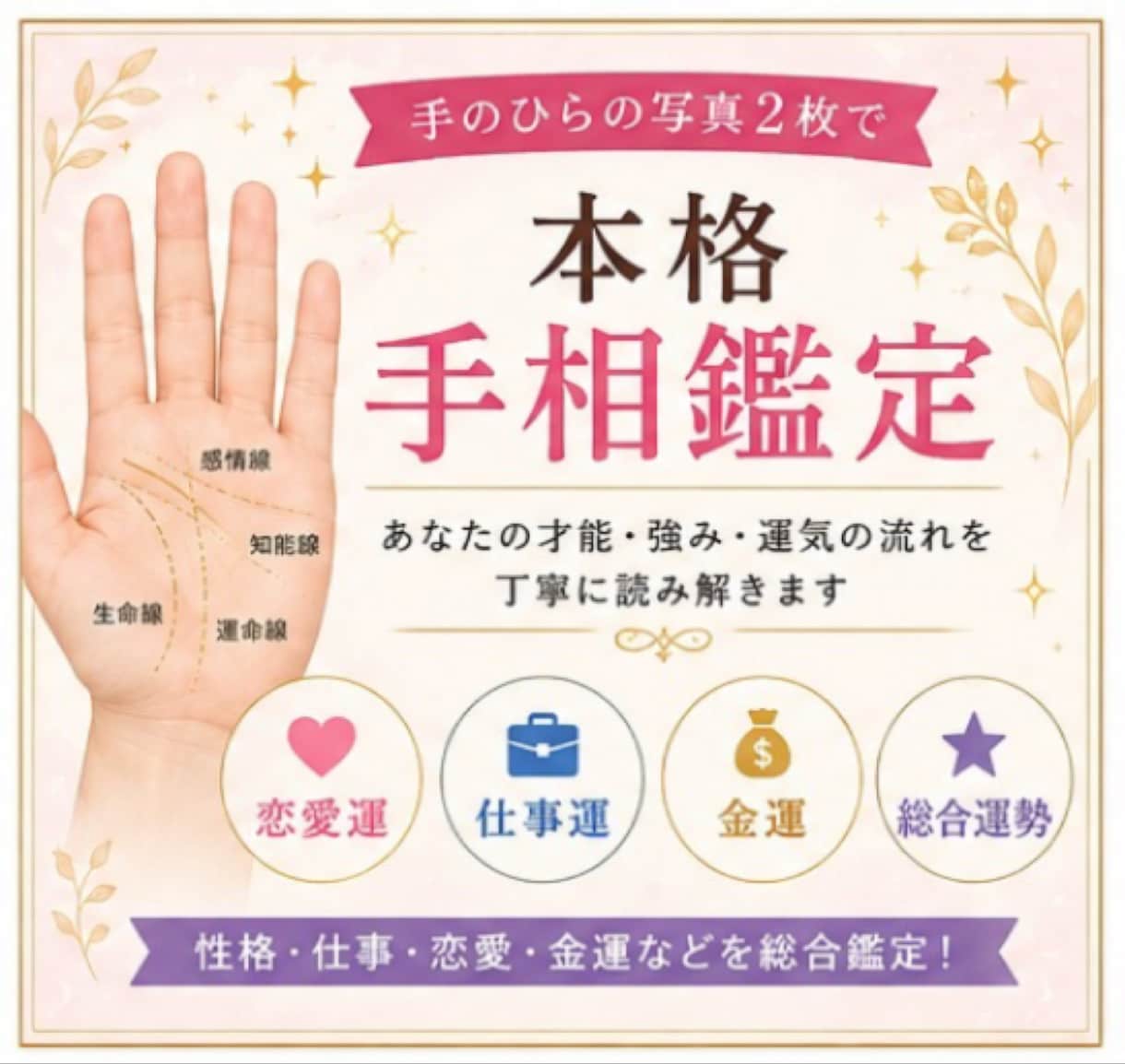 手のひらの写真2枚で本格手相鑑定します 性格・仕事・恋愛・金運を丁寧に鑑定 イメージ1