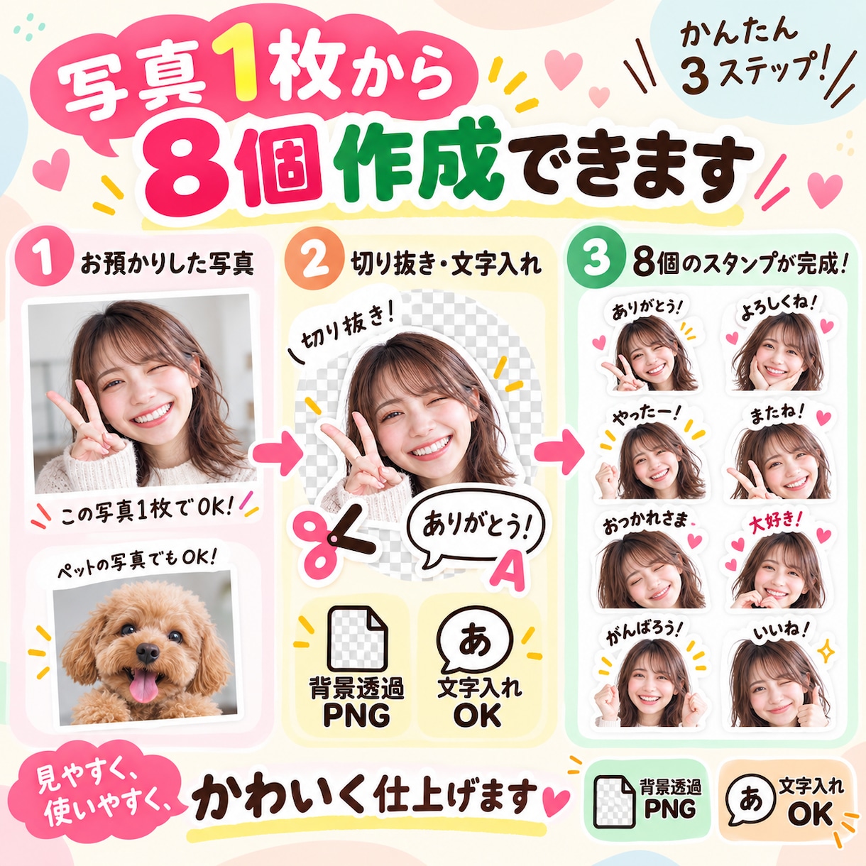 写真からLINEスタンプ用画像を作ります 人物・ペット・ぬいぐるみ写真に対応します イメージ4