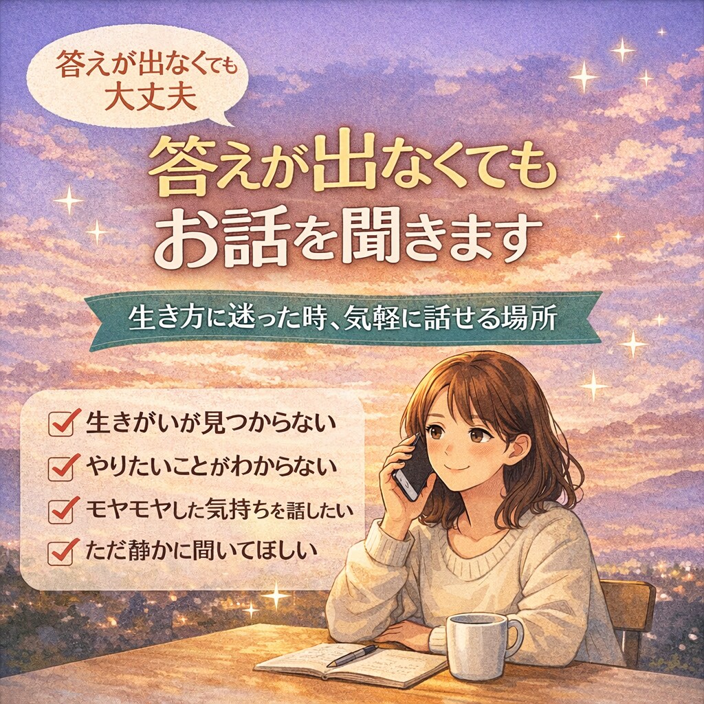 モヤっとした人生の話、聞きます 答えが出なくても大丈夫｜人生の迷いを気軽にお聞きします イメージ1