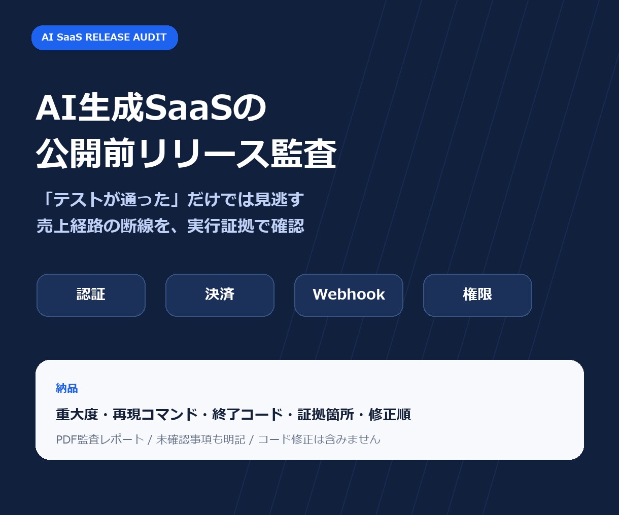 AI生成SaaSの公開前リリース監査をします テスト成功表示を信じず実行証拠で公開可否を判定 イメージ1