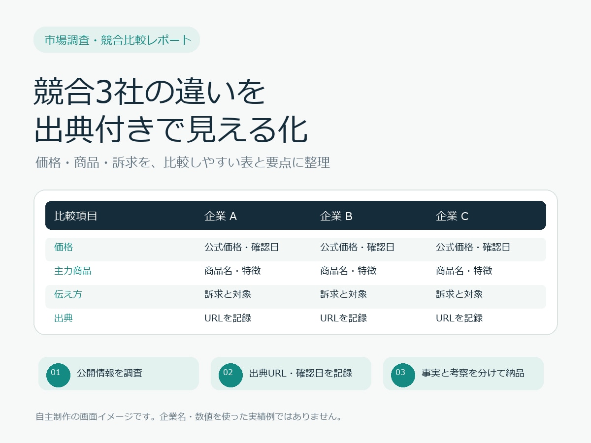 競合調査を比較表にまとめます 3社の価格・商品・導線を出典付きで比較 イメージ1