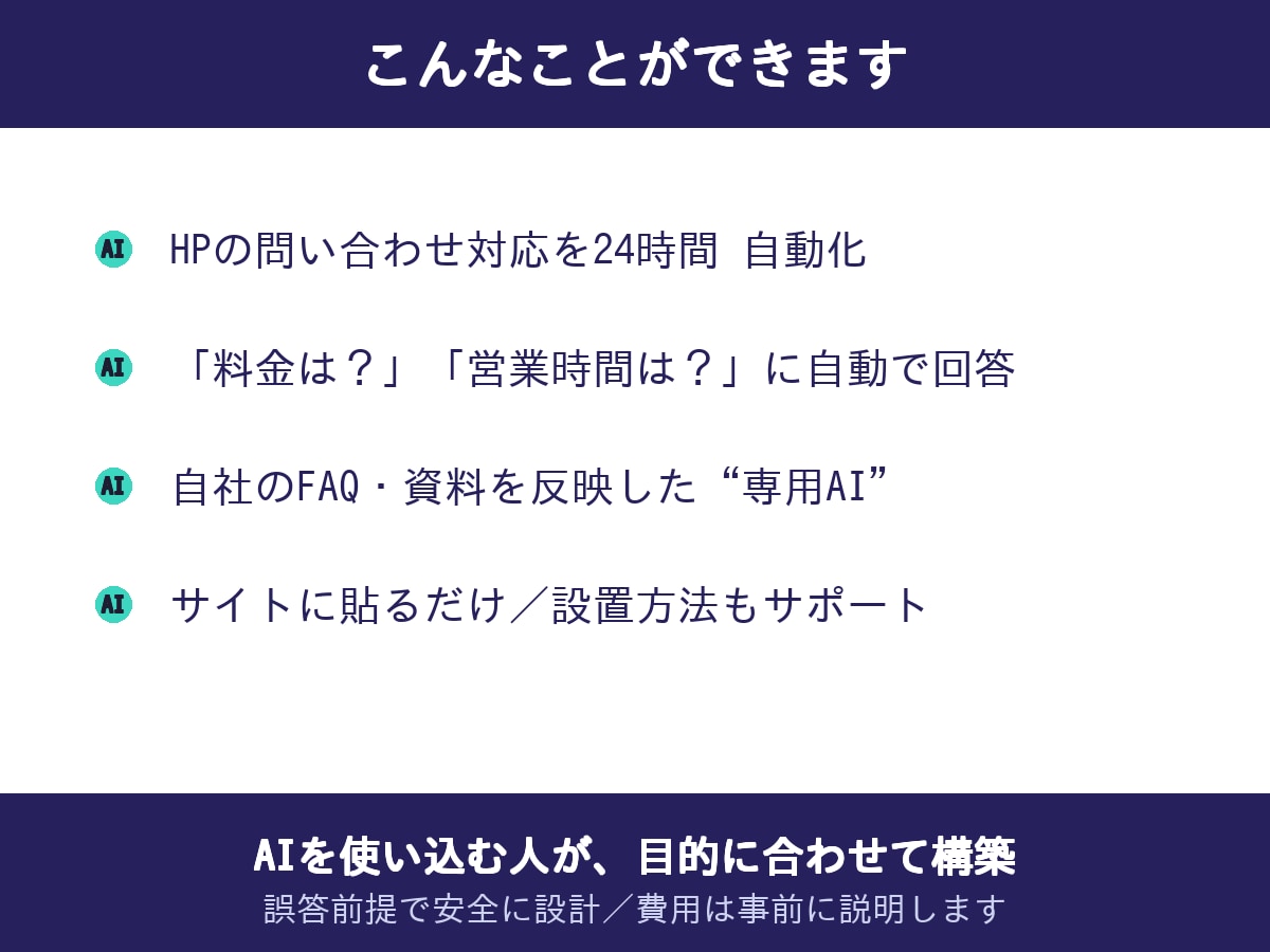 サイト埋め込み型のAIチャットボットを作ります あなたのサイトに、自動で問い合わせ対応するAIを設置します イメージ2