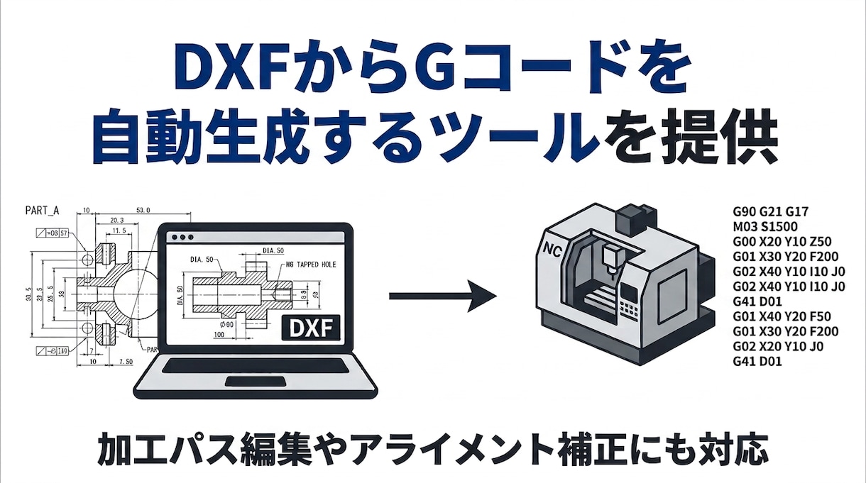 DXFからGコードを自動生成するツールを提供します 加工パス編集やアライメント補正にも対応 イメージ1