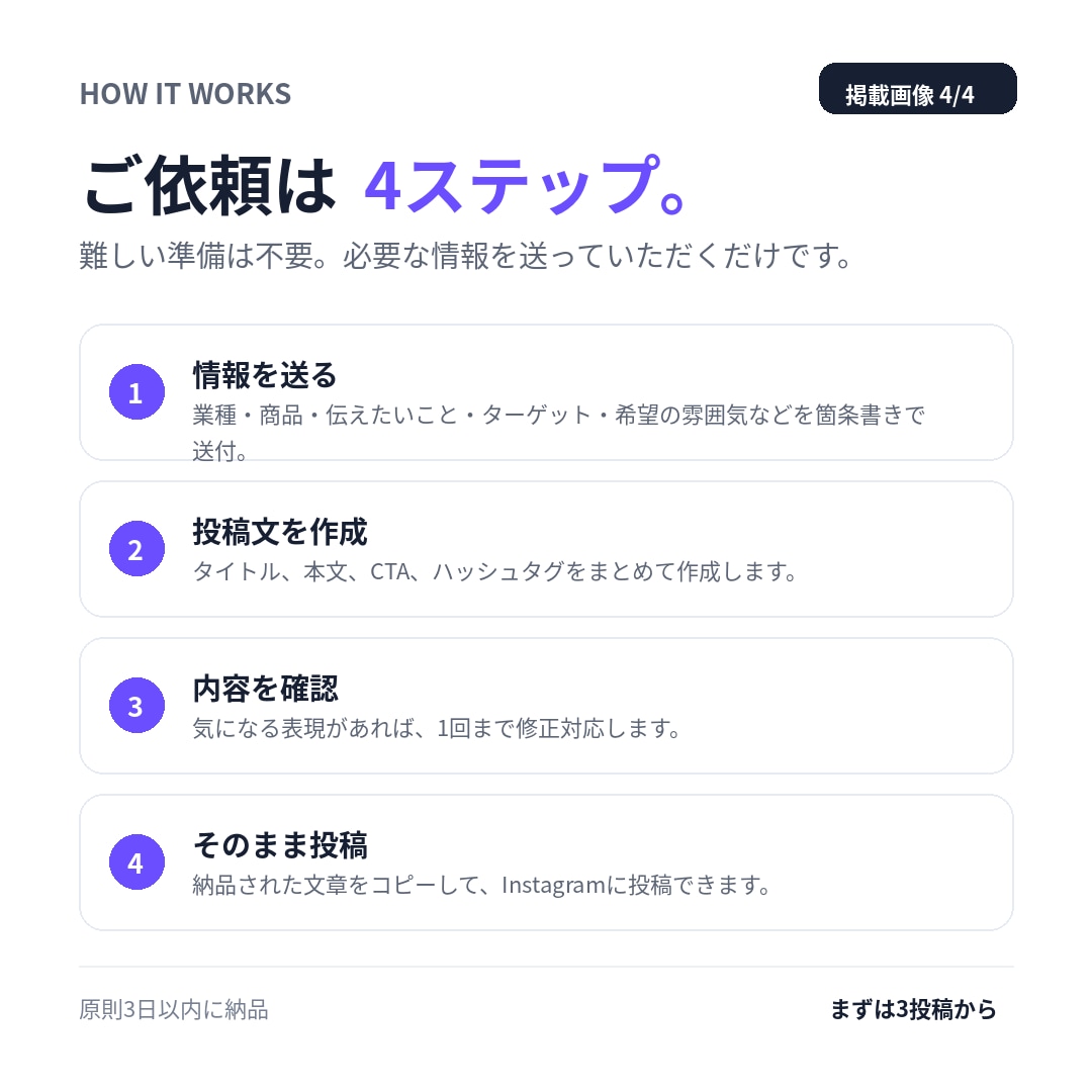 Instagram投稿文を3本作成します SNS投稿を丸投げOK！文章からタグまで作成 イメージ4